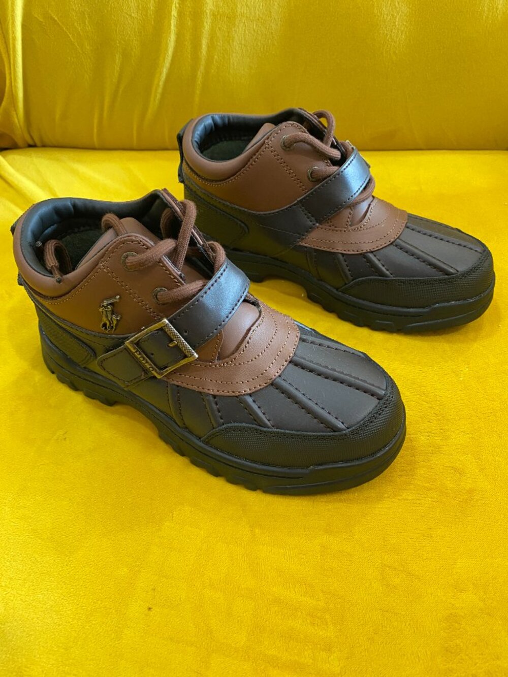 Polo Ralph Lauren Dover Boys Leather Duck Boots Brown Black Size 2